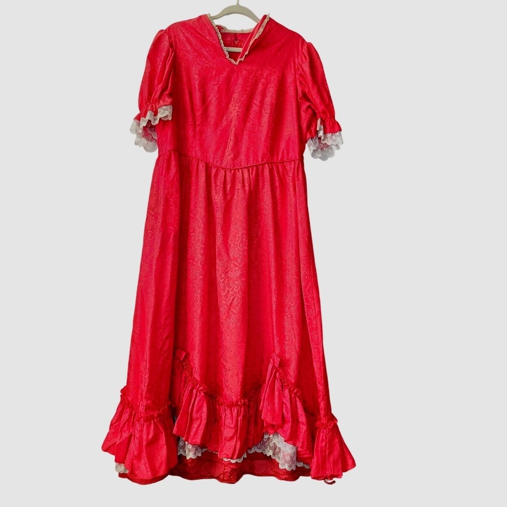 Vintage Red Jacquard Lace Trim Ruffle Hem Maxi Dress Large